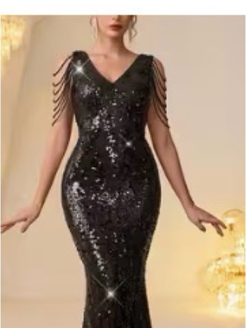 Black Sequin V-Neck Evening Dress with Fringe Shoulders